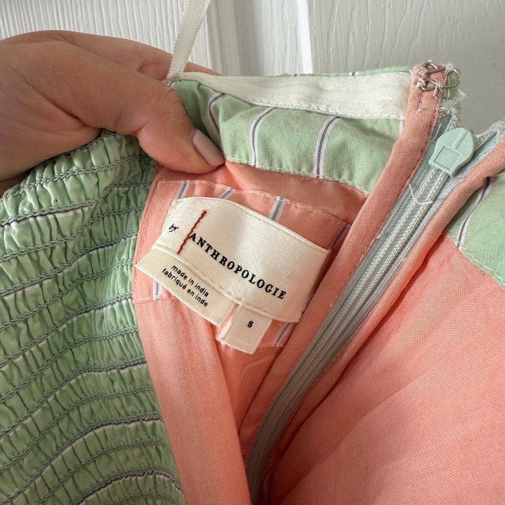 Anthropologie Green, Peach, and Purple Pinstripe Dress - Picture 2 of 3